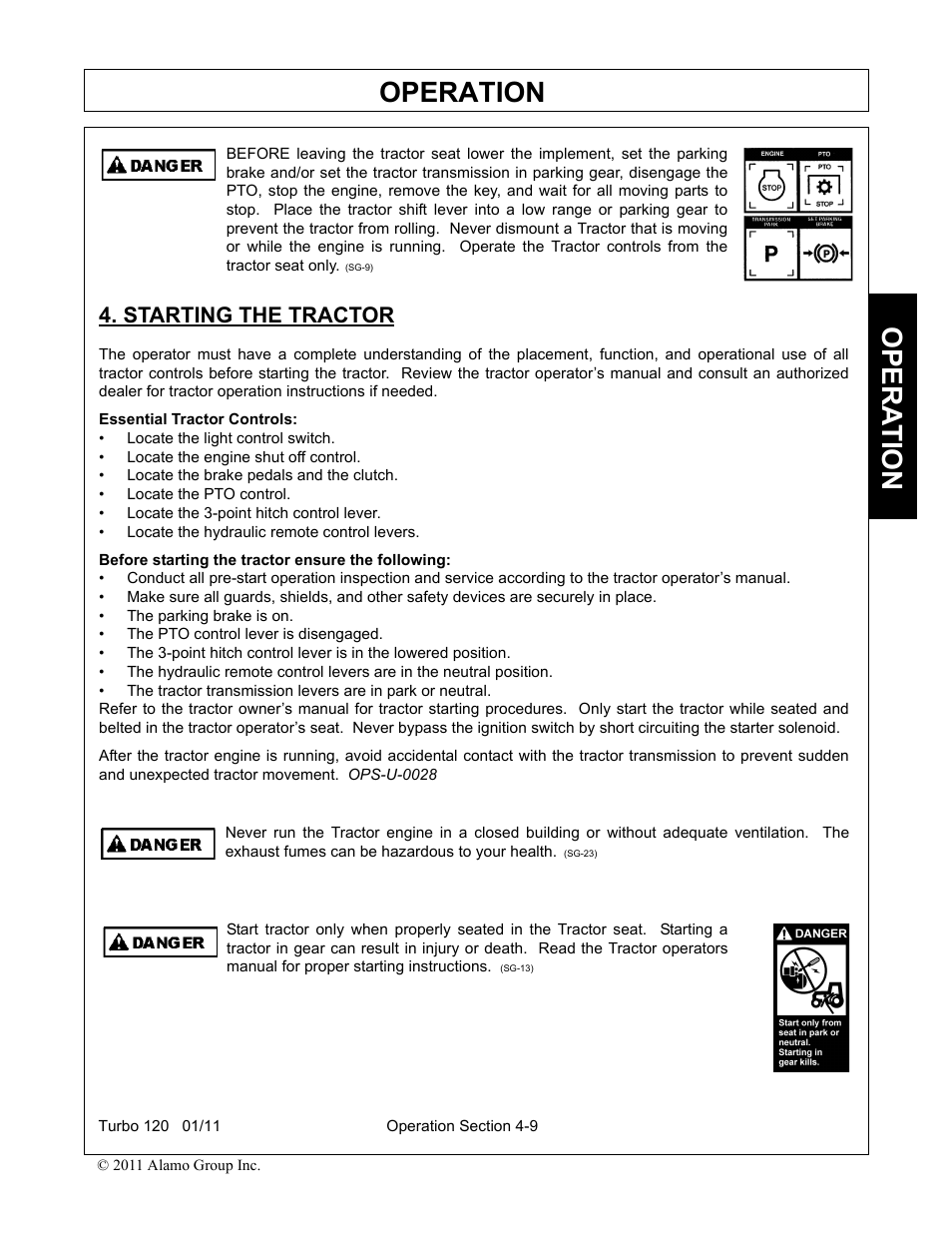 Starting the tractor, Starting the tractor -9, Operation | Opera t ion | Servis-Rhino TURBO120 User Manual | Page 119 / 202