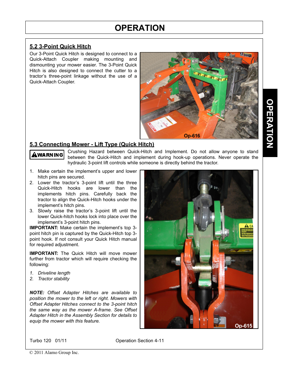 2 3-point quick hitch, 3 connecting mower - lift type (quick hitch), Driveline length | Tractor stability, Operation, Opera t ion | Servis-Rhino TURBO120 User Manual | Page 121 / 202