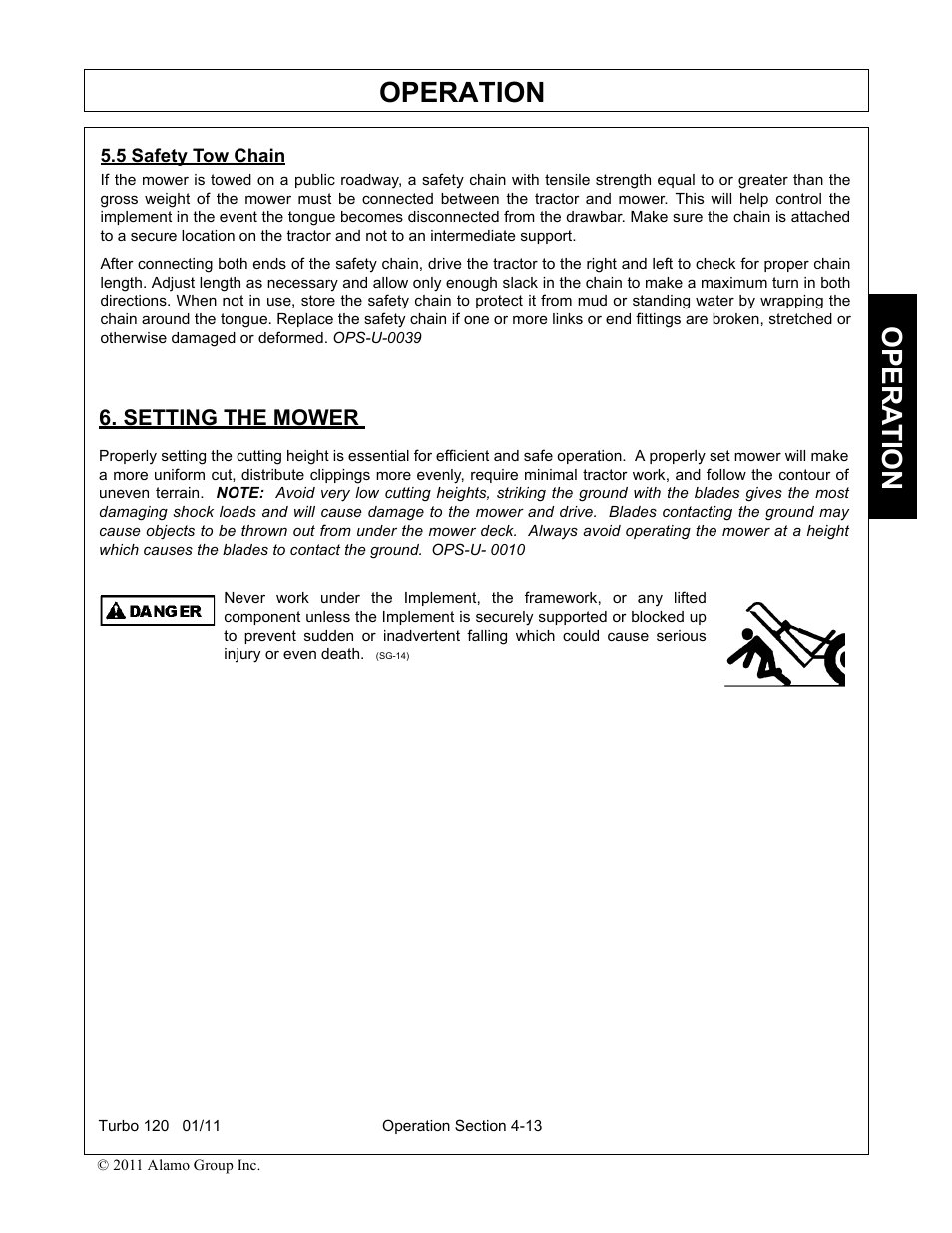 5 safety tow chain, Setting the mower, Safety tow chain -13 setting the mower -13 | Operation, Opera t ion | Servis-Rhino TURBO120 User Manual | Page 123 / 202