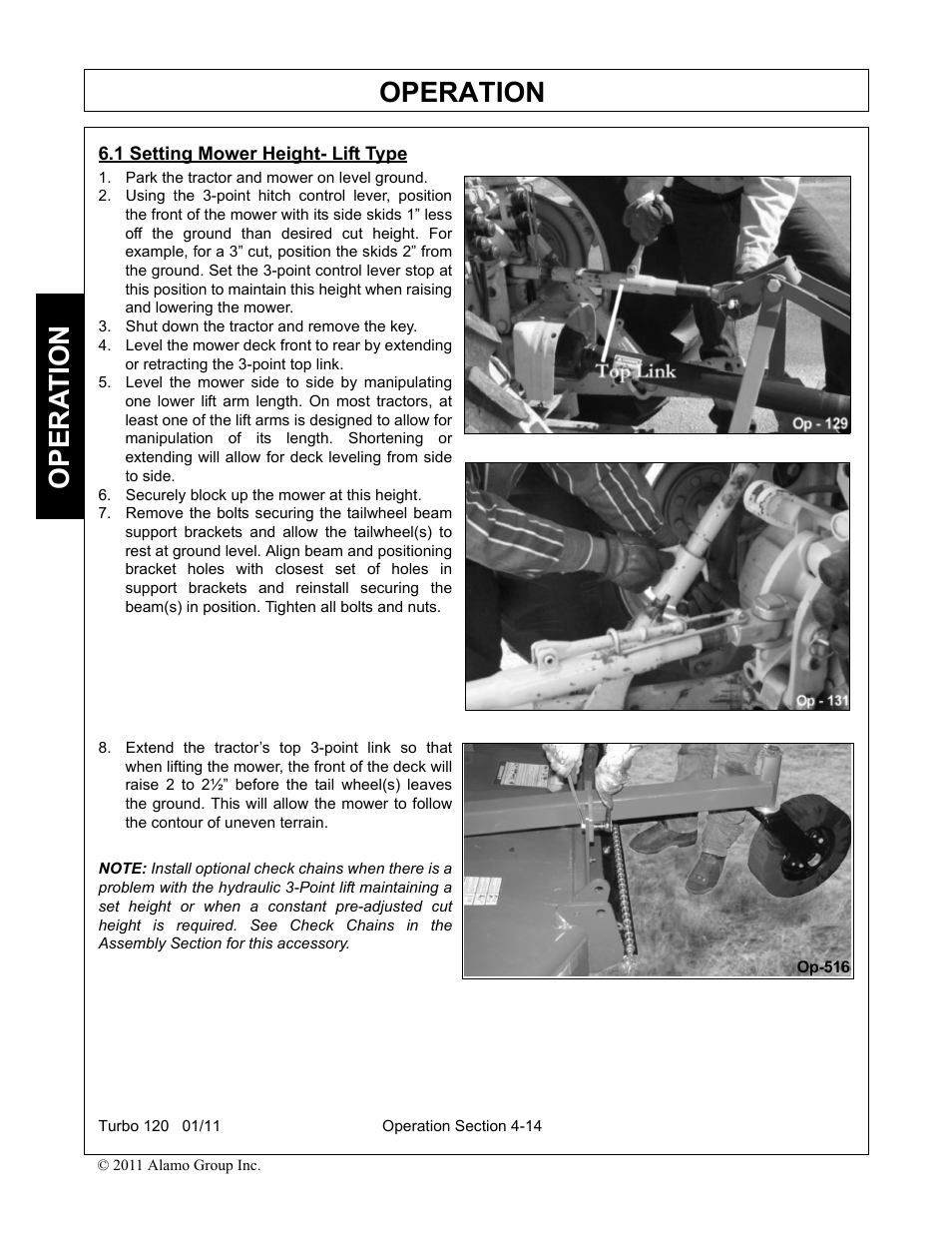 1 setting mower height- lift type, Park the tractor and mower on level ground, Shut down the tractor and remove the key | Securely block up the mower at this height, Setting mower height- lift type -14, Operation, Opera t ion | Servis-Rhino TURBO120 User Manual | Page 124 / 202