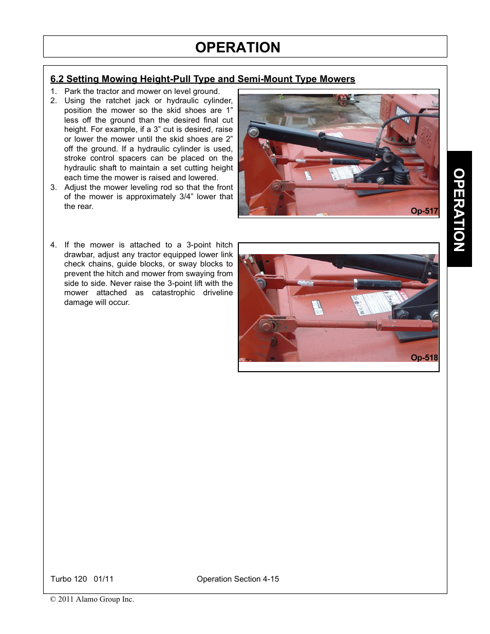Park the tractor and mower on level ground, Operation, Opera t ion | Servis-Rhino TURBO120 User Manual | Page 125 / 202