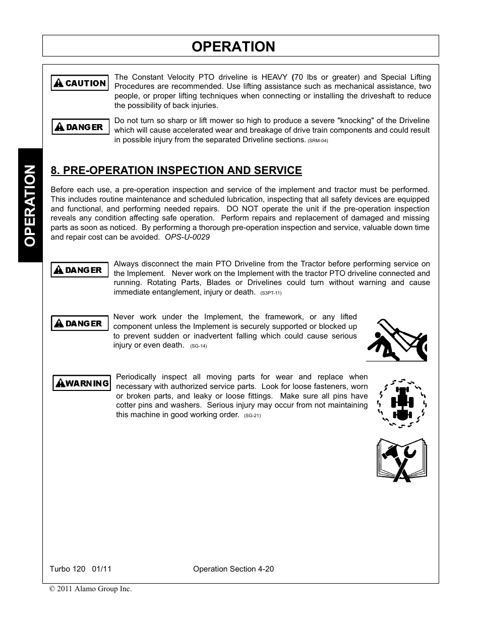 Pre-operation inspection and service, Pre-operation inspection and service -20, Operation | Opera t ion | Servis-Rhino TURBO120 User Manual | Page 130 / 202