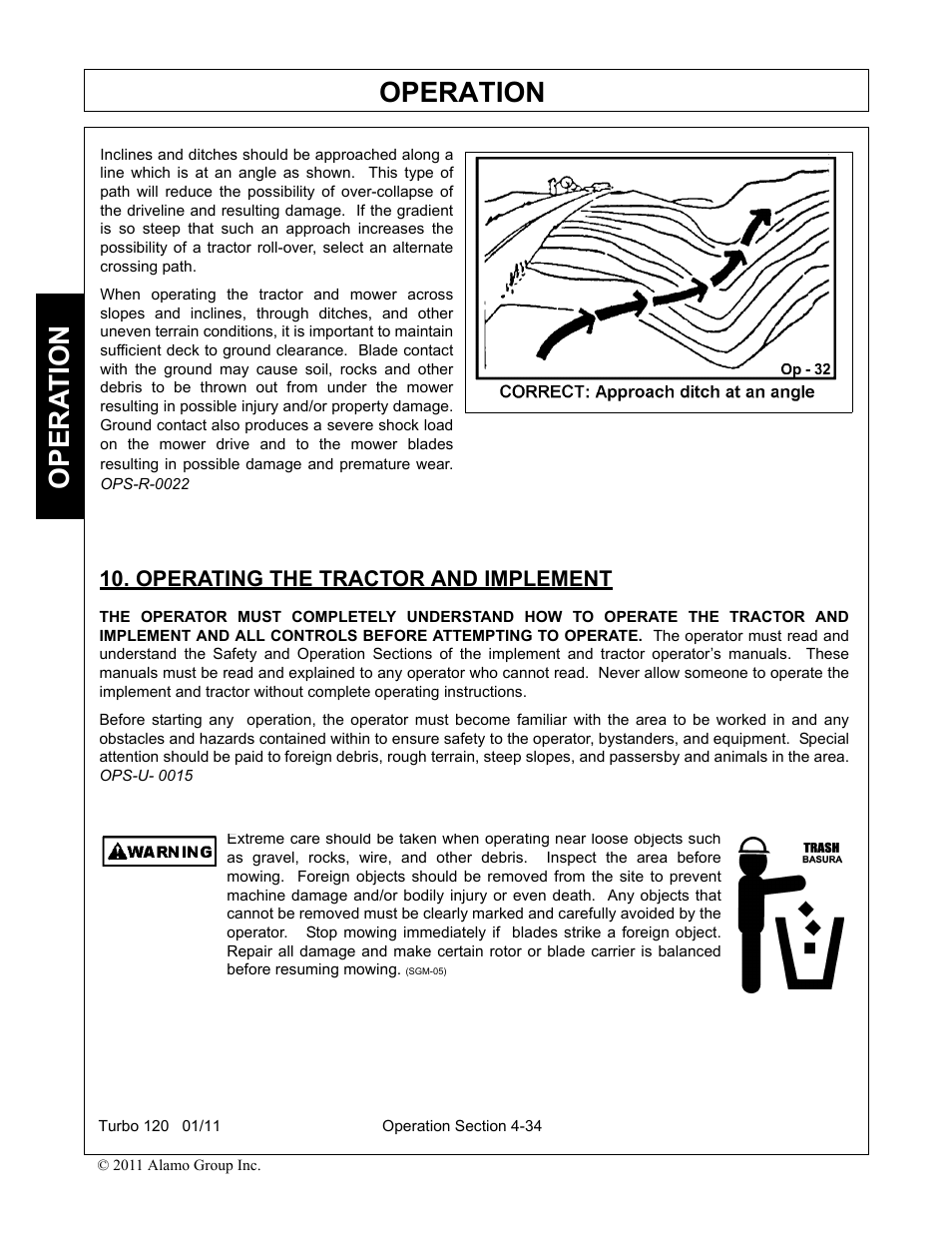 Operating the tractor and implement, Operating the tractor and implement -34, Operation | Opera t ion | Servis-Rhino TURBO120 User Manual | Page 144 / 202