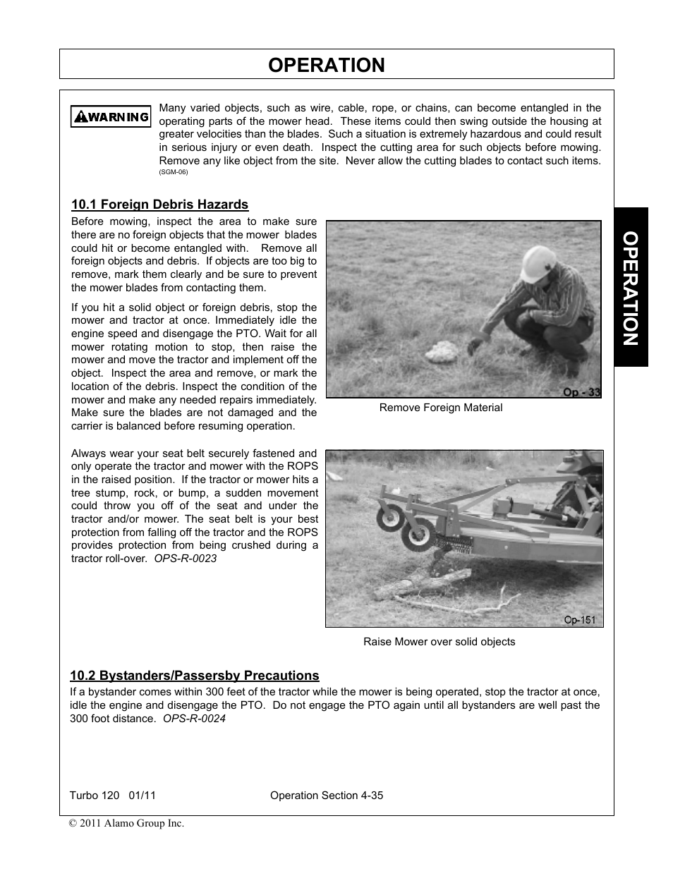 1 foreign debris hazards, 2 bystanders/passersby precautions, Operation | Opera t ion | Servis-Rhino TURBO120 User Manual | Page 145 / 202