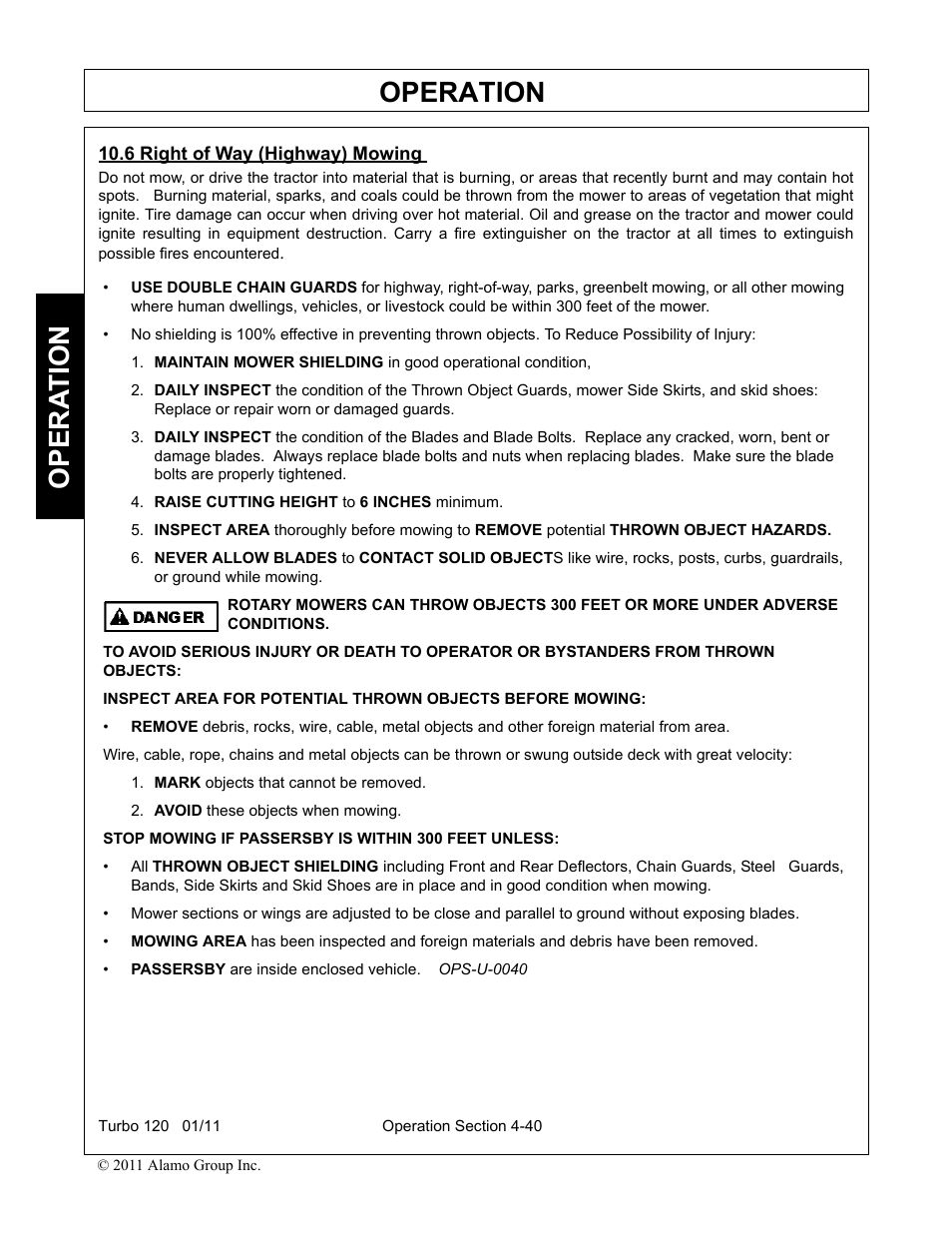 6 right of way (highway) mowing, Raise cutting height to 6 inches minimum, Mark objects that cannot be removed | Avoid these objects when mowing, Right of way (highway) mowing -40, Operation, Opera t ion | Servis-Rhino TURBO120 User Manual | Page 150 / 202