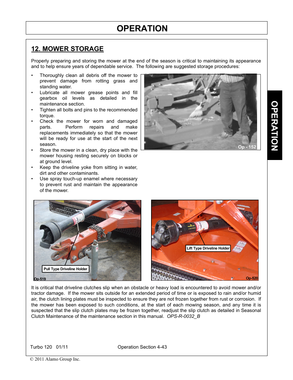 Mower storage, Mower storage -43, Operation | Opera t ion | Servis-Rhino TURBO120 User Manual | Page 153 / 202