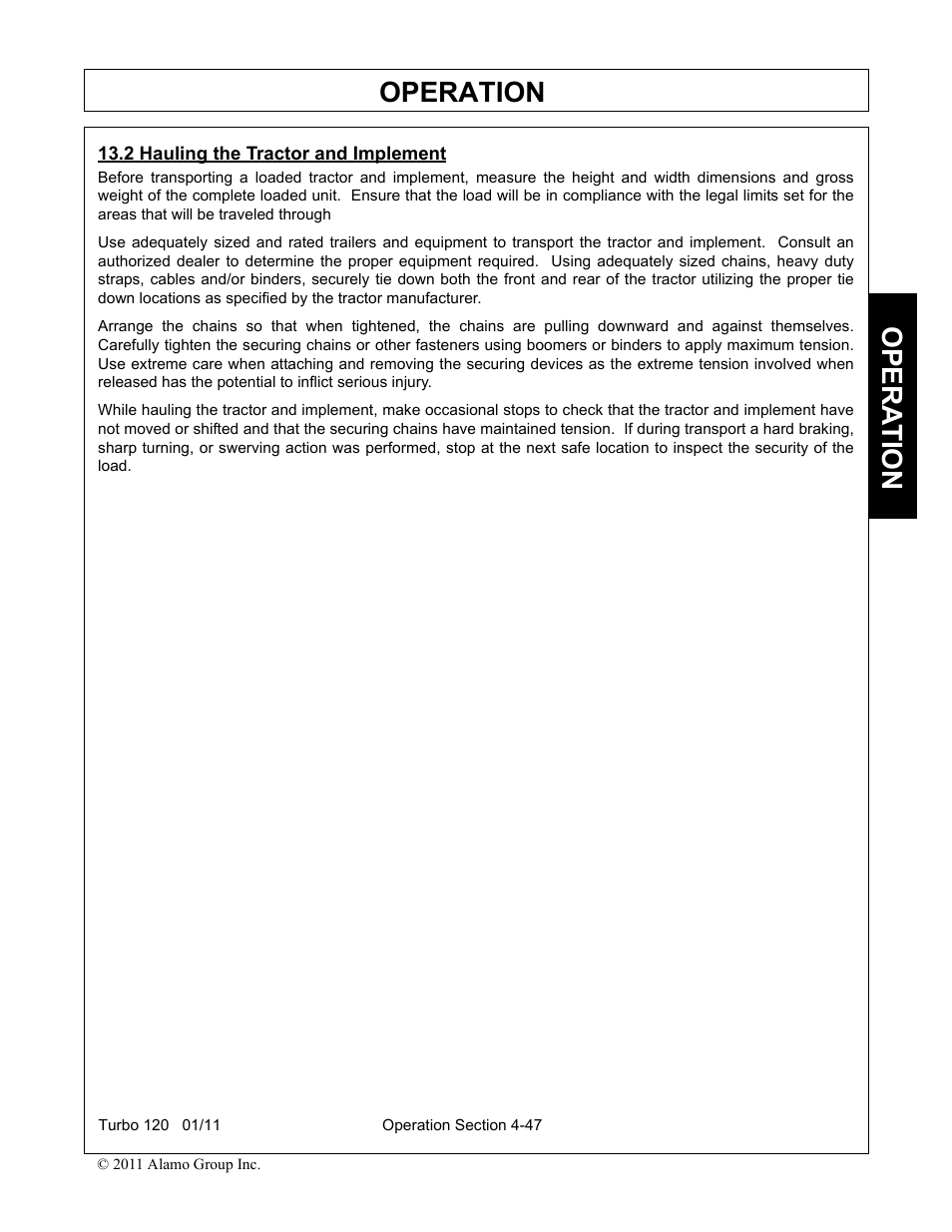 2 hauling the tractor and implement, Hauling the tractor and implement -47, Operation | Opera t ion | Servis-Rhino TURBO120 User Manual | Page 157 / 202