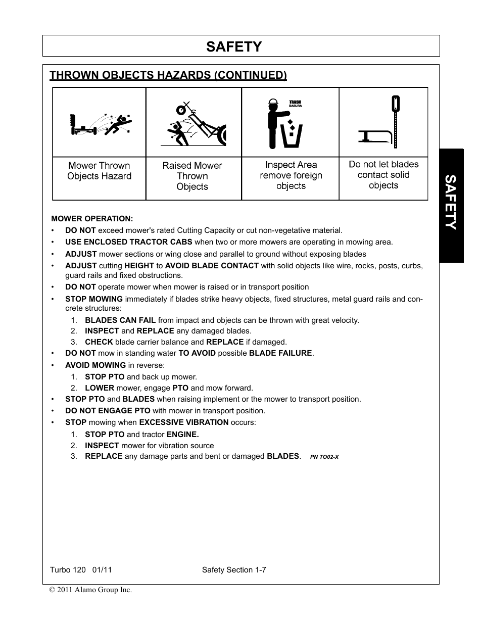 Thrown objects hazards (continued), Inspect and replace any damaged blades, Check blade carrier balance and replace if damaged | Stop pto and back up mower, Lower mower, engage pto and mow forward, Stop pto and tractor engine, Inspect mower for vibration source, Thrown objects hazards (continued) -7, Safety | Servis-Rhino TURBO120 User Manual | Page 17 / 202