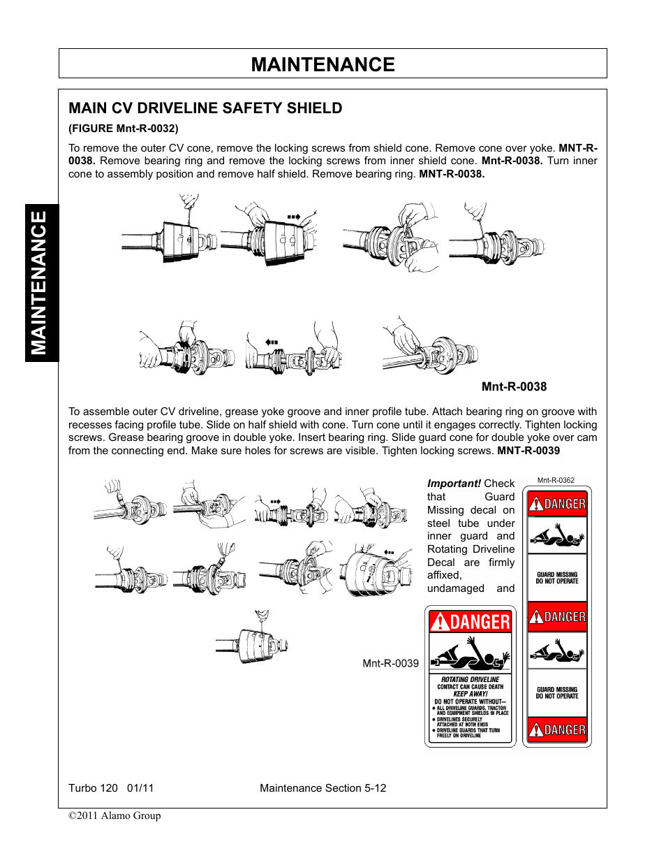 Main cv driveline safety shield, Main cv driveline safety shield -12, Maintenance | Servis-Rhino TURBO120 User Manual | Page 172 / 202