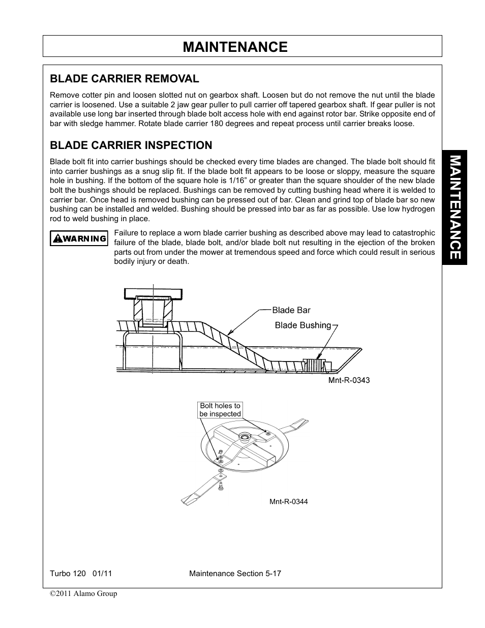 Blade carrier removal, Blade carrier inspection, Maintenance | Servis-Rhino TURBO120 User Manual | Page 177 / 202