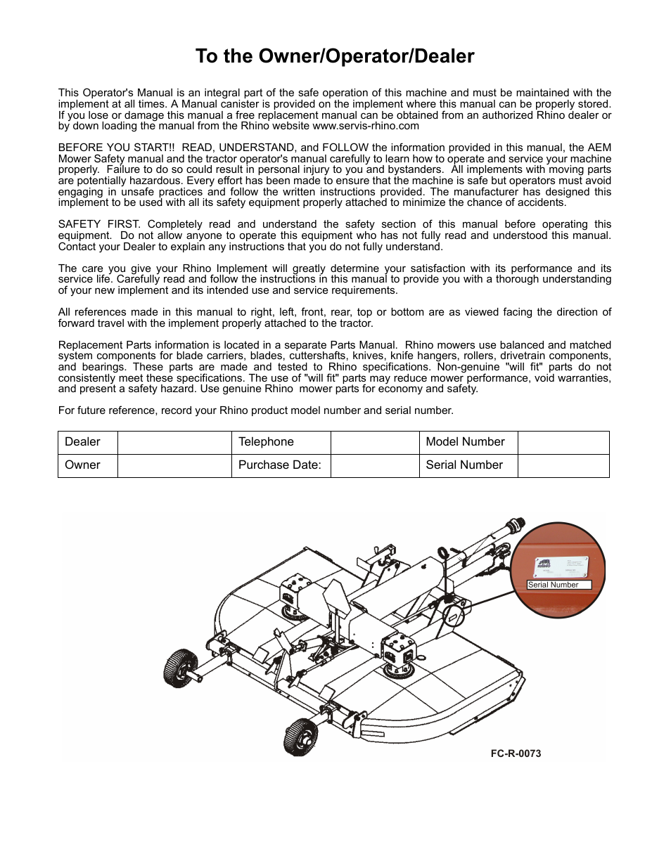 To the owner/operator/dealer | Servis-Rhino TURBO120 User Manual | Page 2 / 202