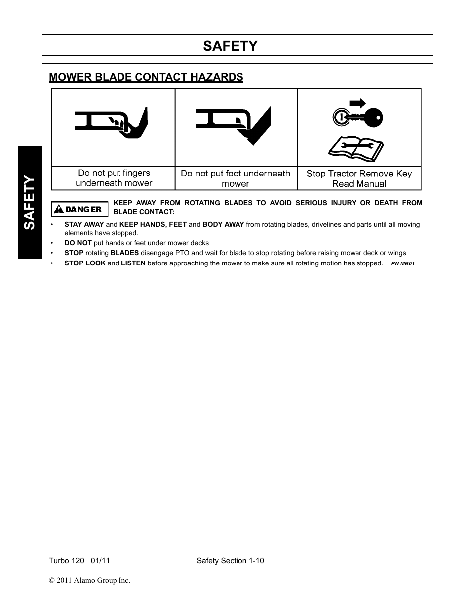 Mower blade contact hazards, Mower blade contact hazards -10, Safety | Servis-Rhino TURBO120 User Manual | Page 20 / 202