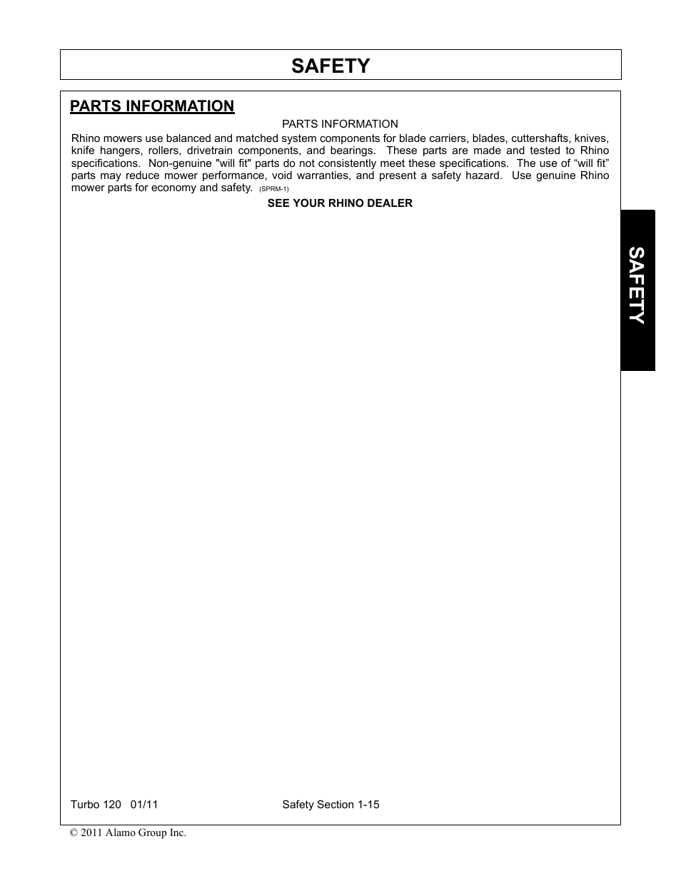 Parts information, Parts information -15, Safety | Servis-Rhino TURBO120 User Manual | Page 25 / 202