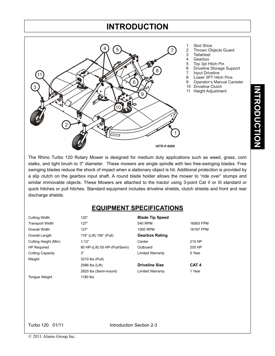 Equipment specifications, Equipment specifications -3, Introduction | Servis-Rhino TURBO120 User Manual | Page 95 / 202