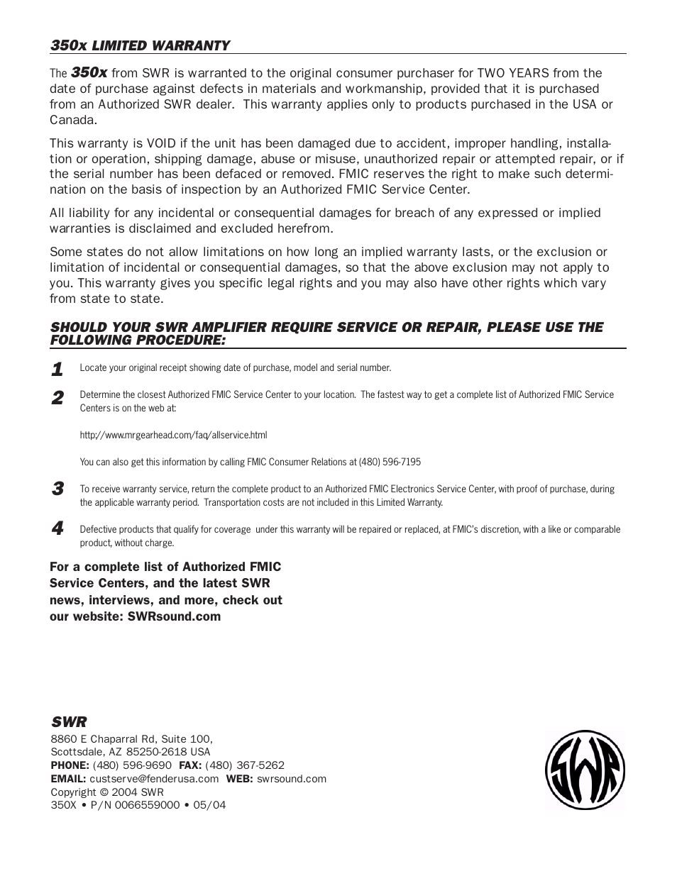 SWR Sound 350x User Manual | Page 20 / 20