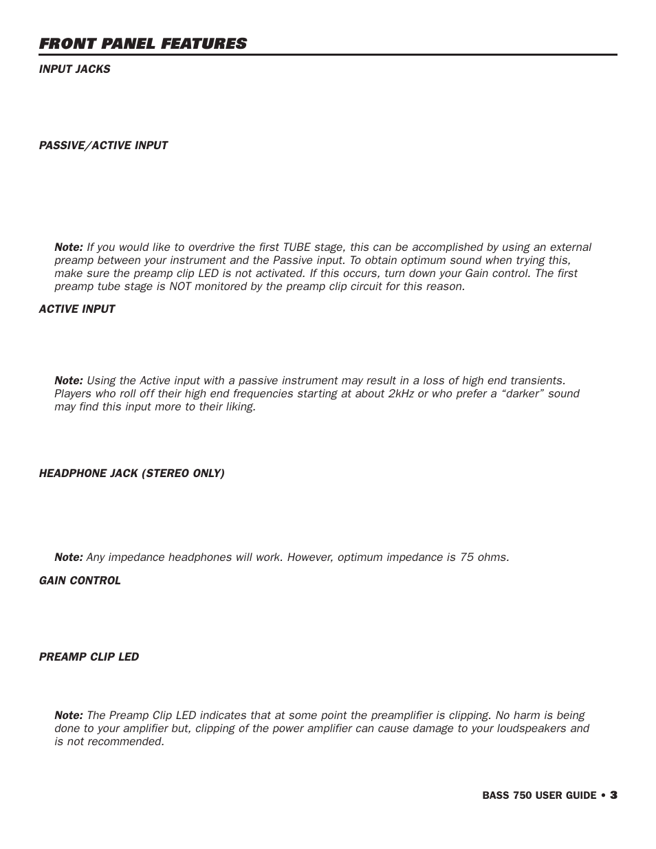 Front panel features | SWR Sound 750 User Manual | Page 5 / 12