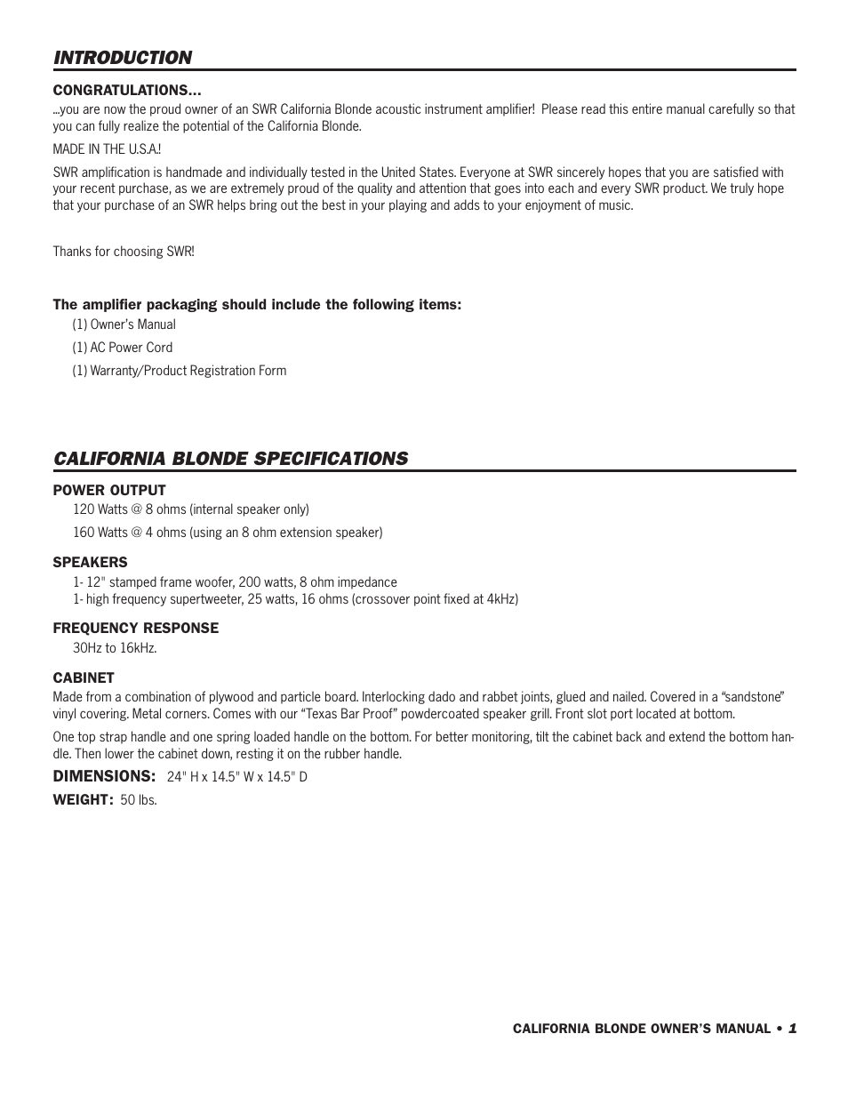 Introduction, California blonde specifications | SWR Sound California Blonde User Manual | Page 3 / 12