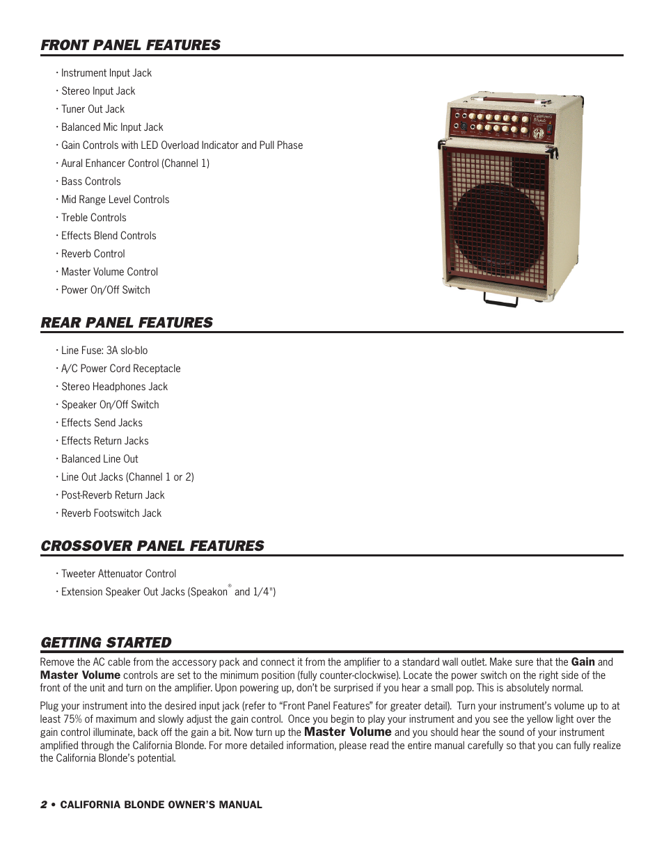 Front panel features, Rear panel features, Crossover panel features | Getting started | SWR Sound California Blonde User Manual | Page 4 / 12