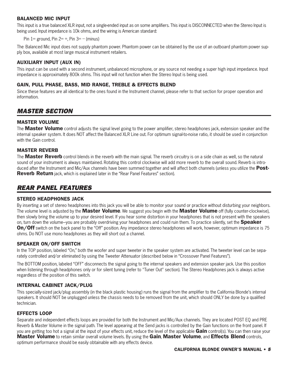 Rear panel features | SWR Sound California Blonde User Manual | Page 7 / 12