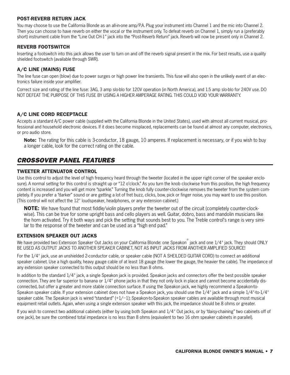 Crossover panel features | SWR Sound California Blonde User Manual | Page 9 / 12