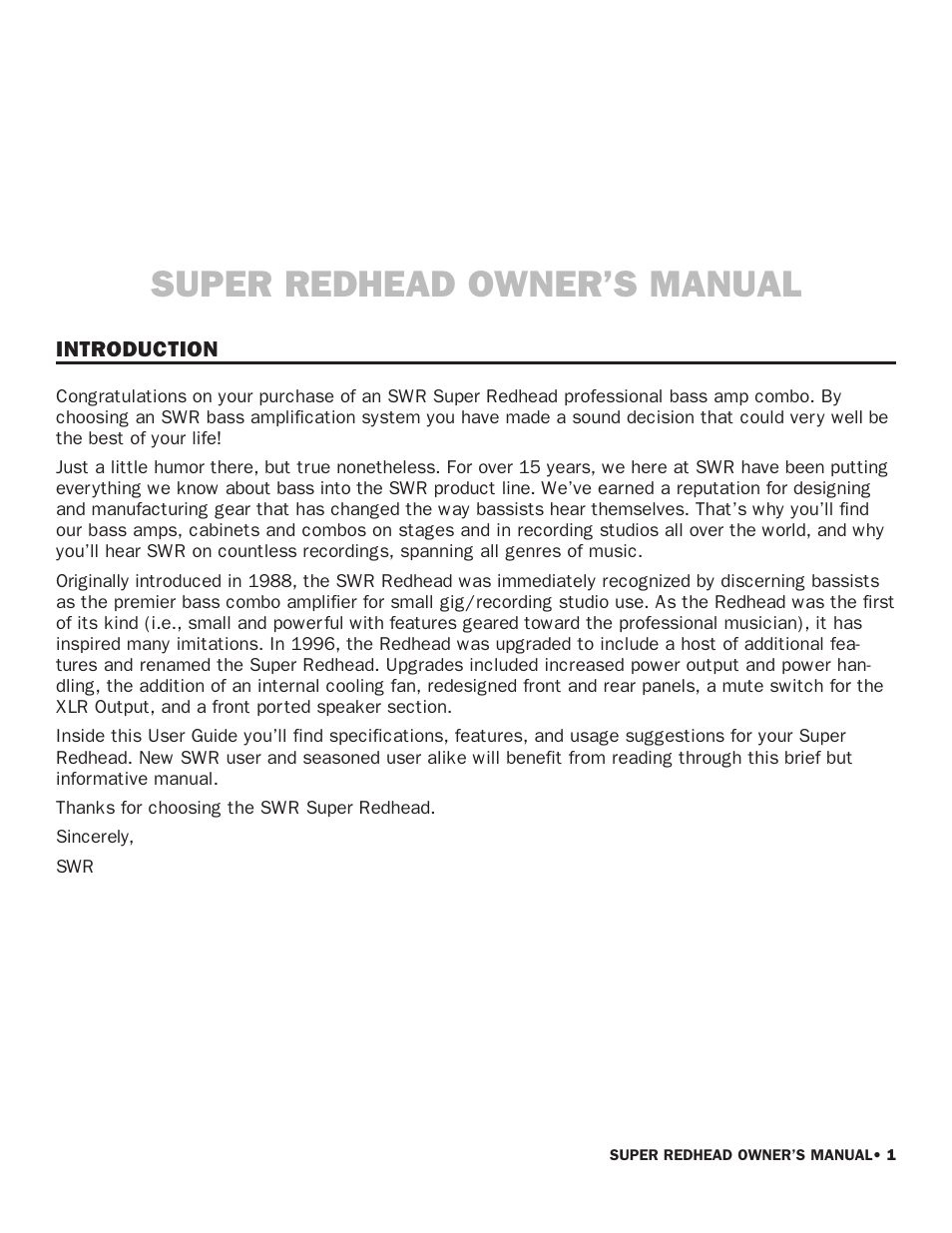 Super redhead owner’s manual | SWR Sound Super Redhead User Manual | Page 3 / 16