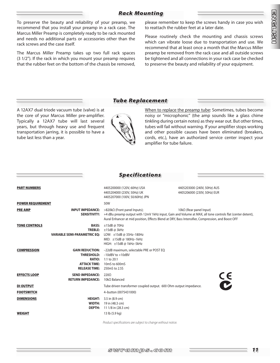 Rack mounting tube replacement specifications | SWR Sound Professional Bass Preamplifier Marcus Miller User Manual | Page 11 / 52