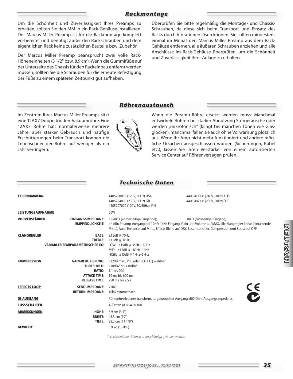 Rackmontage röhrenaustausch technische daten | SWR Sound Professional Bass Preamplifier Marcus Miller User Manual | Page 35 / 52