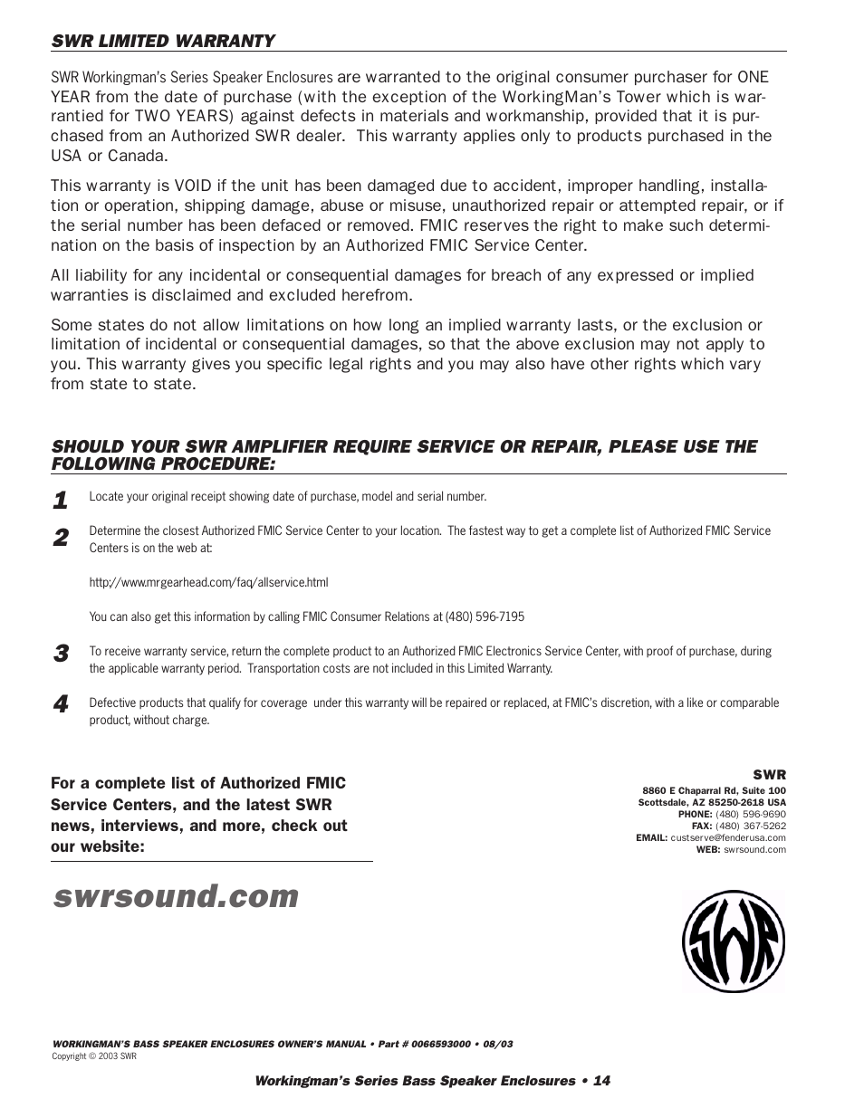 SWR Sound 2X10T User Manual | Page 15 / 16