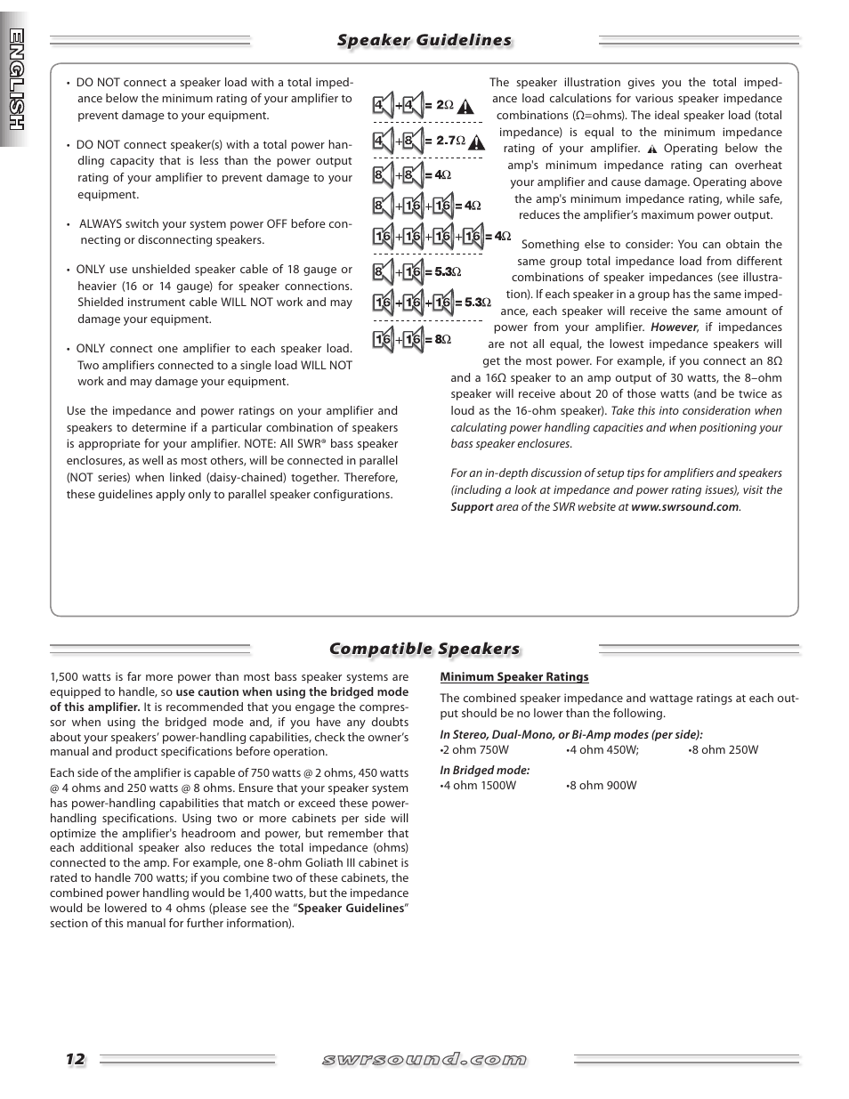 Speaker guidelines compatible speakers | SWR Sound SM-1500 User Manual | Page 12 / 62