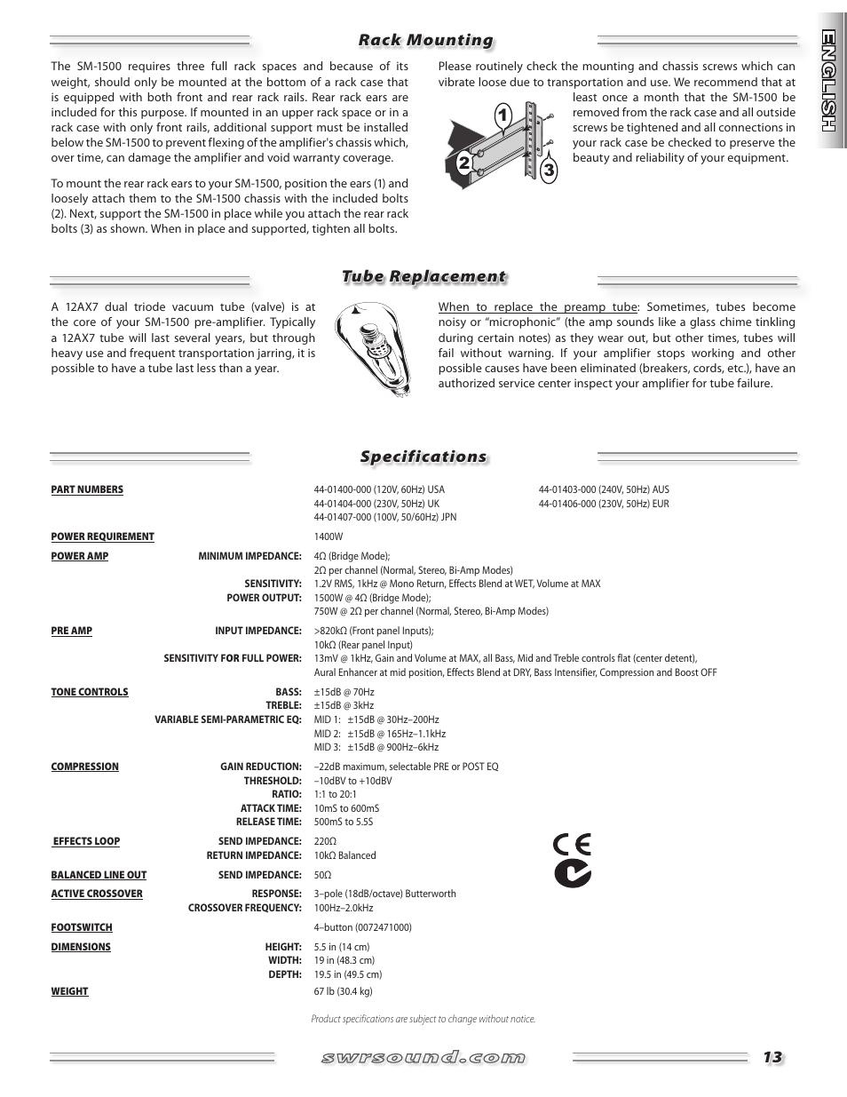 Rack mounting specifications tube replacement | SWR Sound SM-1500 User Manual | Page 13 / 62