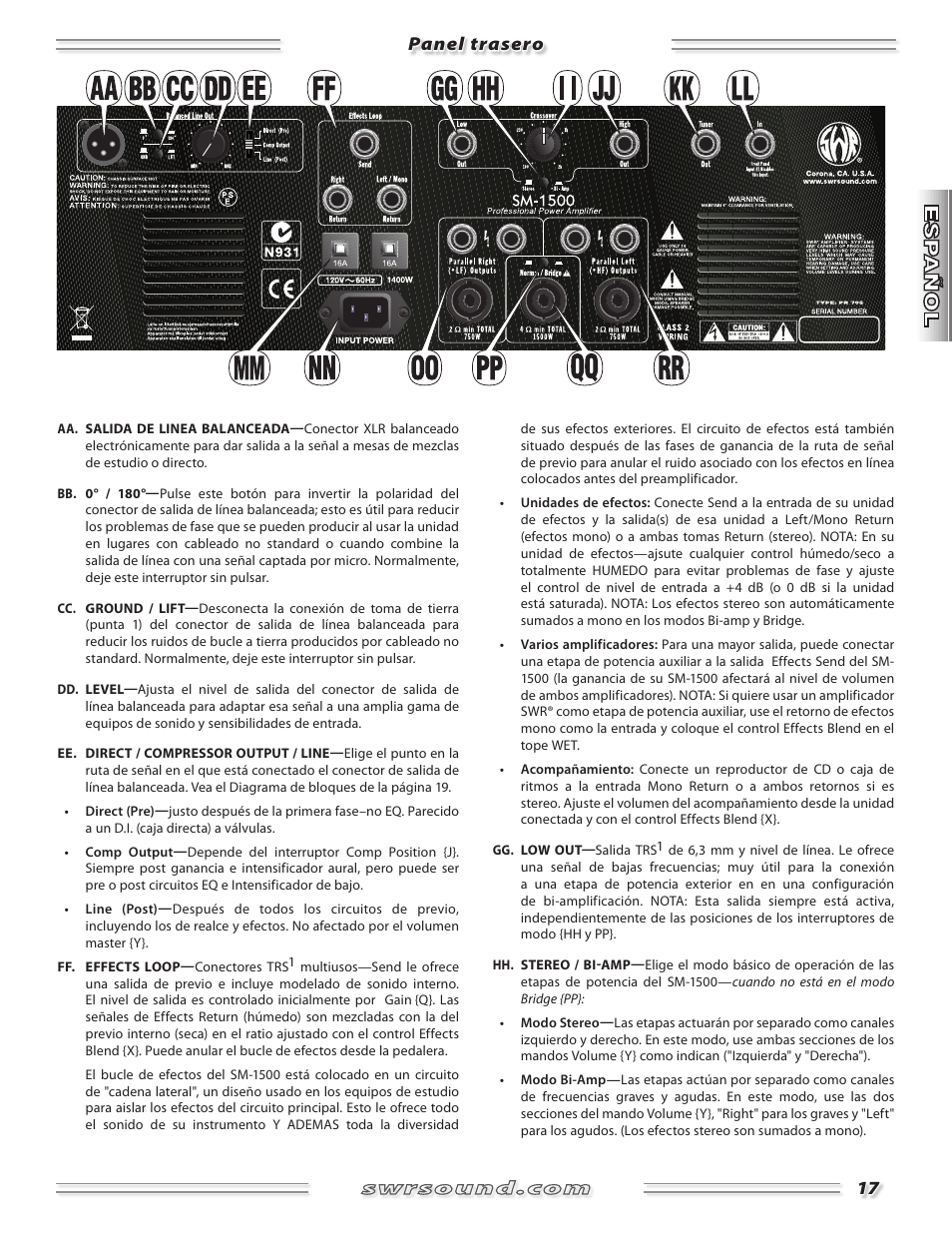 Panel trasero | SWR Sound SM-1500 User Manual | Page 17 / 62