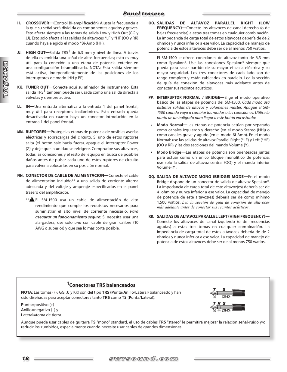 Panel trasero | SWR Sound SM-1500 User Manual | Page 18 / 62
