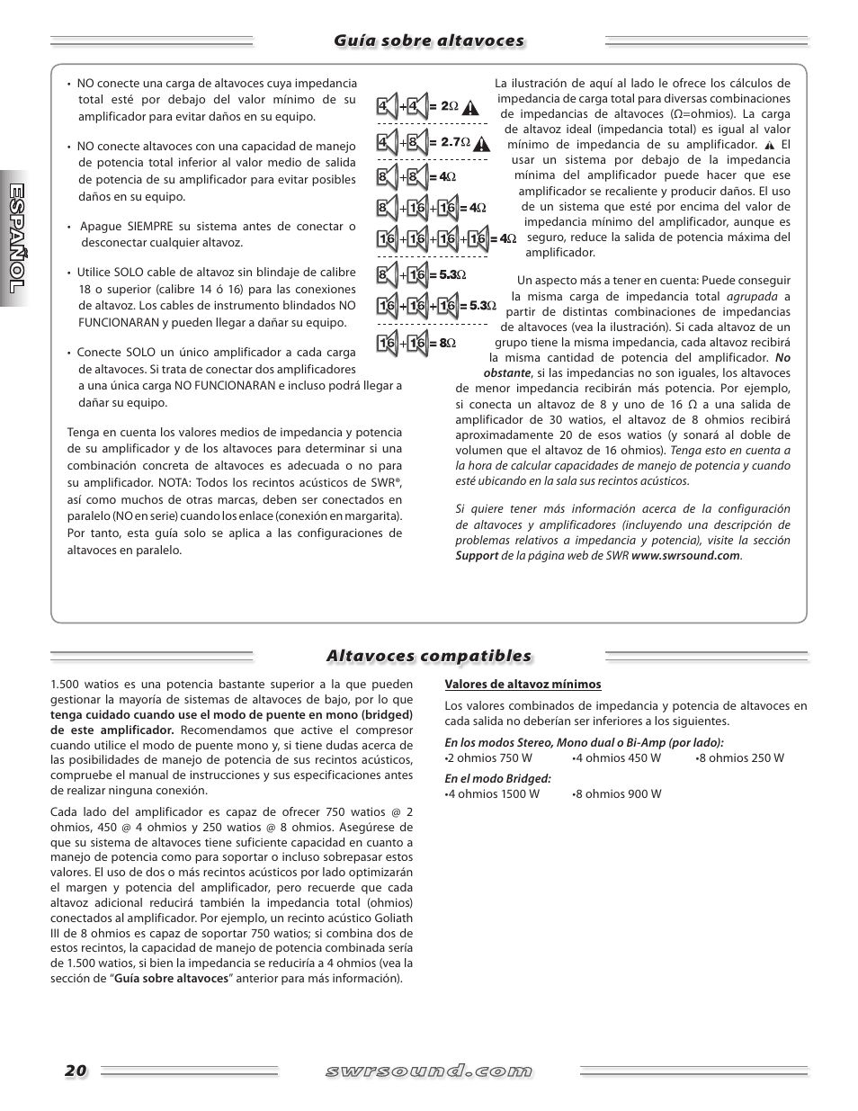 Guía sobre altavoces altavoces compatibles | SWR Sound SM-1500 User Manual | Page 20 / 62