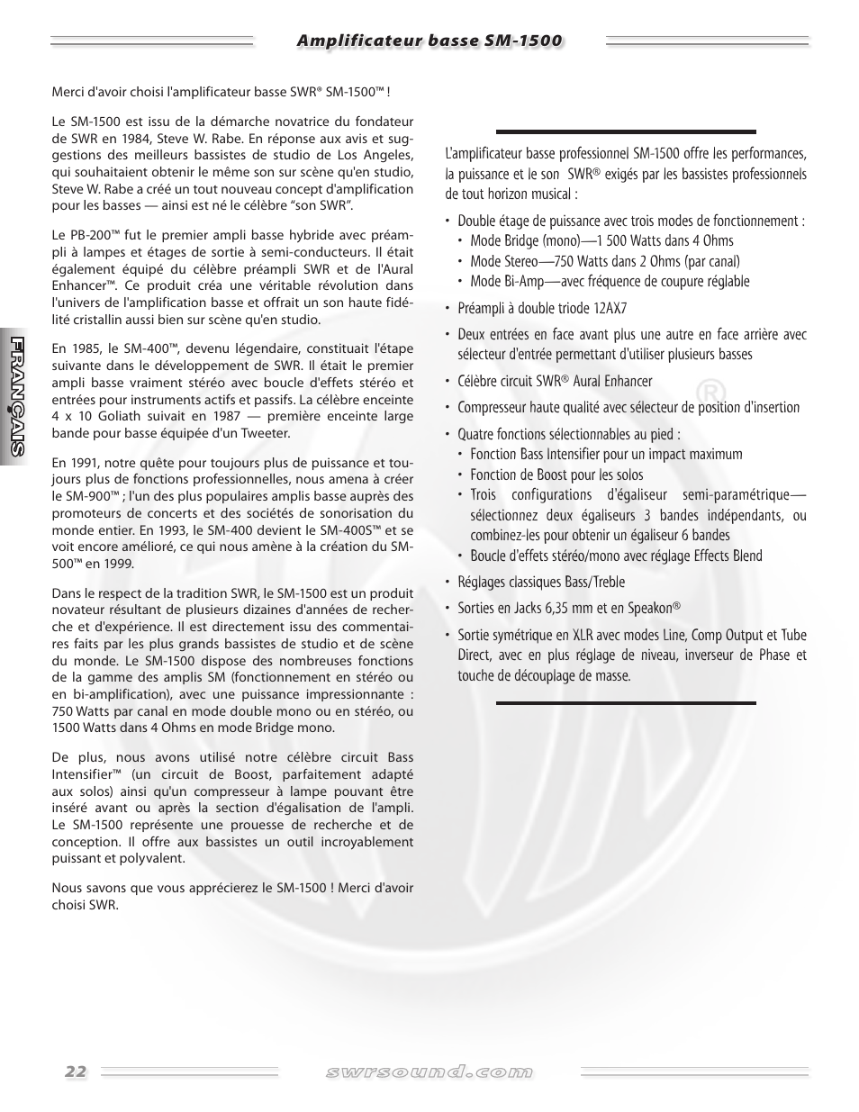 SWR Sound SM-1500 User Manual | Page 22 / 62