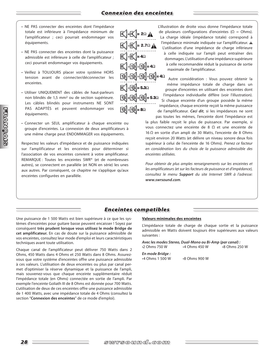 Connexion des enceintes enceintes compatibles | SWR Sound SM-1500 User Manual | Page 28 / 62