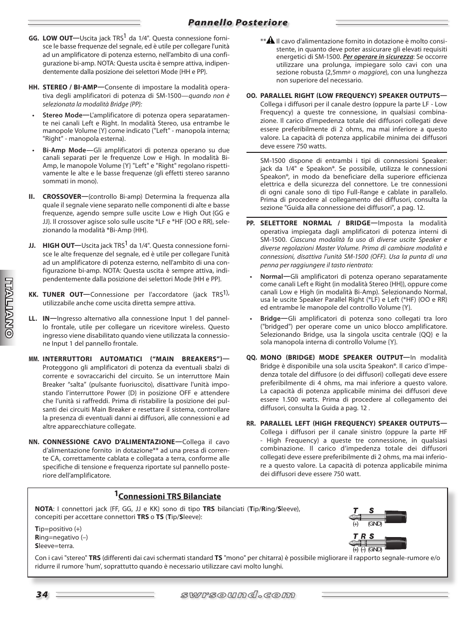 Pannello posteriore | SWR Sound SM-1500 User Manual | Page 34 / 62