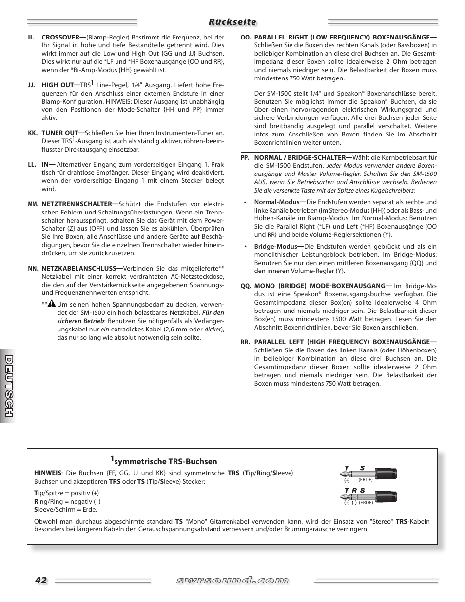 Rückseite | SWR Sound SM-1500 User Manual | Page 42 / 62