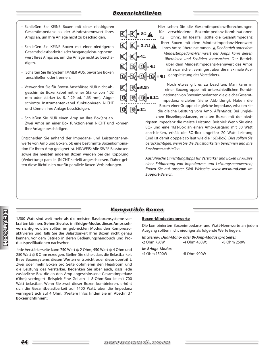 Boxenrichtlinien kompatible boxen | SWR Sound SM-1500 User Manual | Page 44 / 62