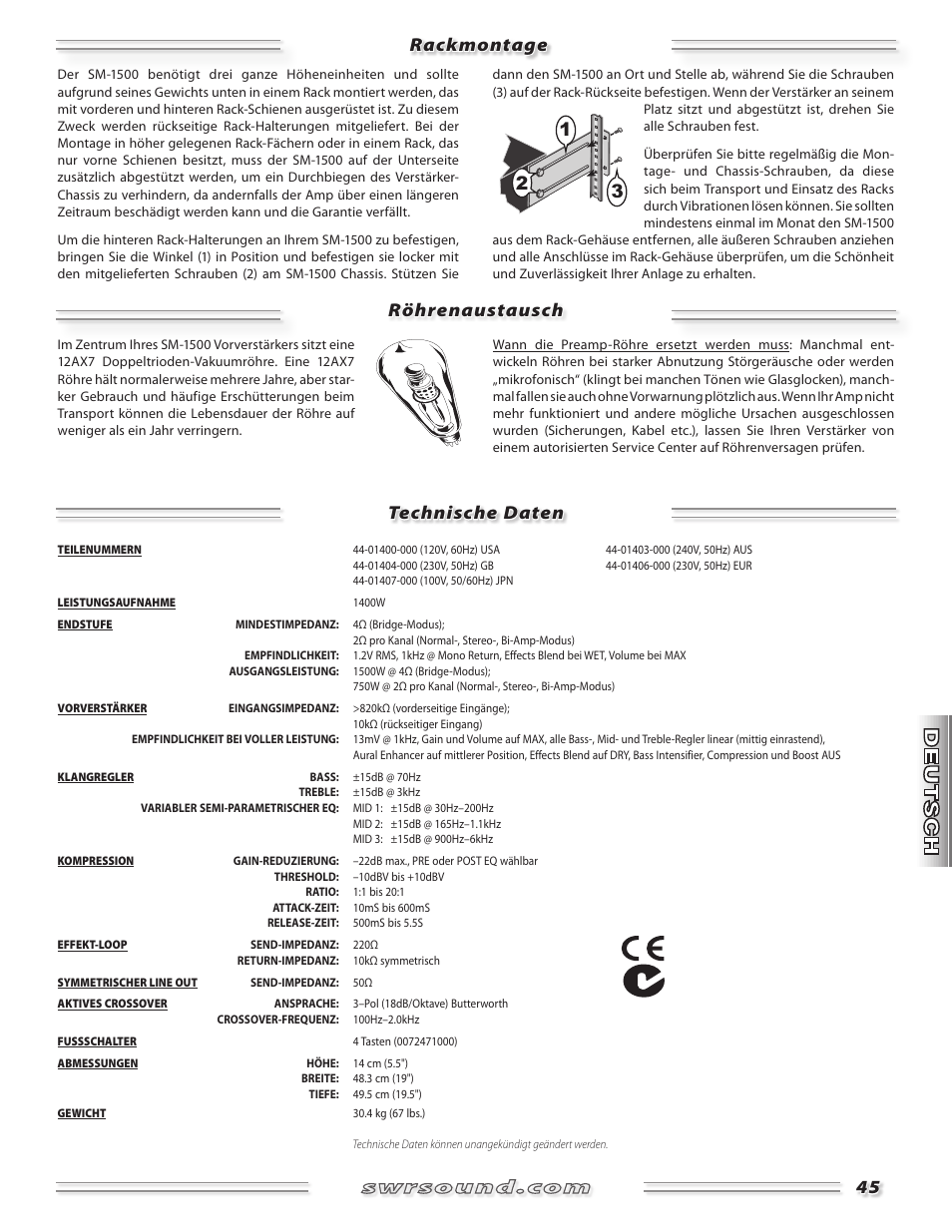 Rackmontage technische daten röhrenaustausch | SWR Sound SM-1500 User Manual | Page 45 / 62
