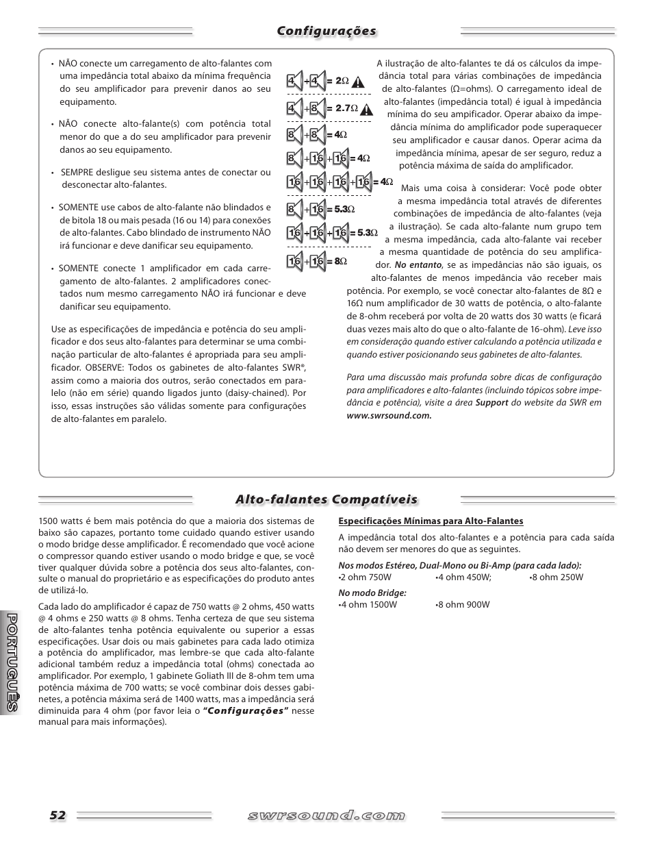 Configurações alto-falantes compatíveis | SWR Sound SM-1500 User Manual | Page 52 / 62