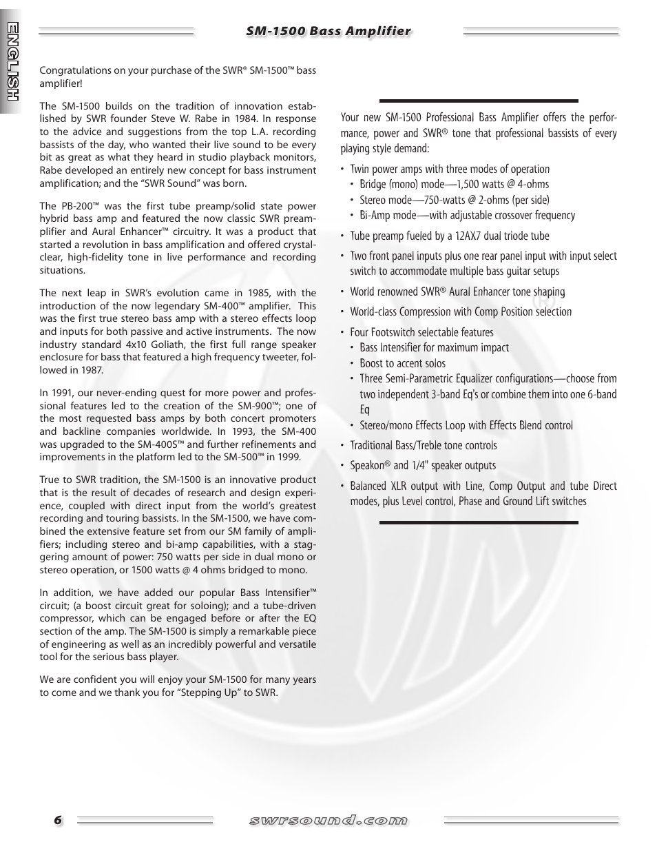 SWR Sound SM-1500 User Manual | Page 6 / 62
