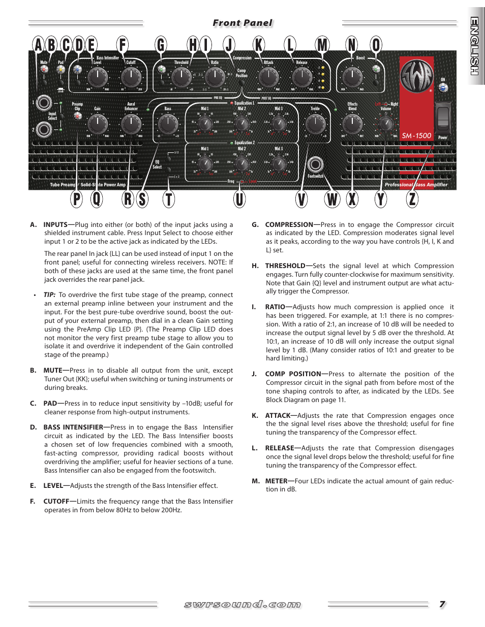 Front panel, Sm -1500 | SWR Sound SM-1500 User Manual | Page 7 / 62