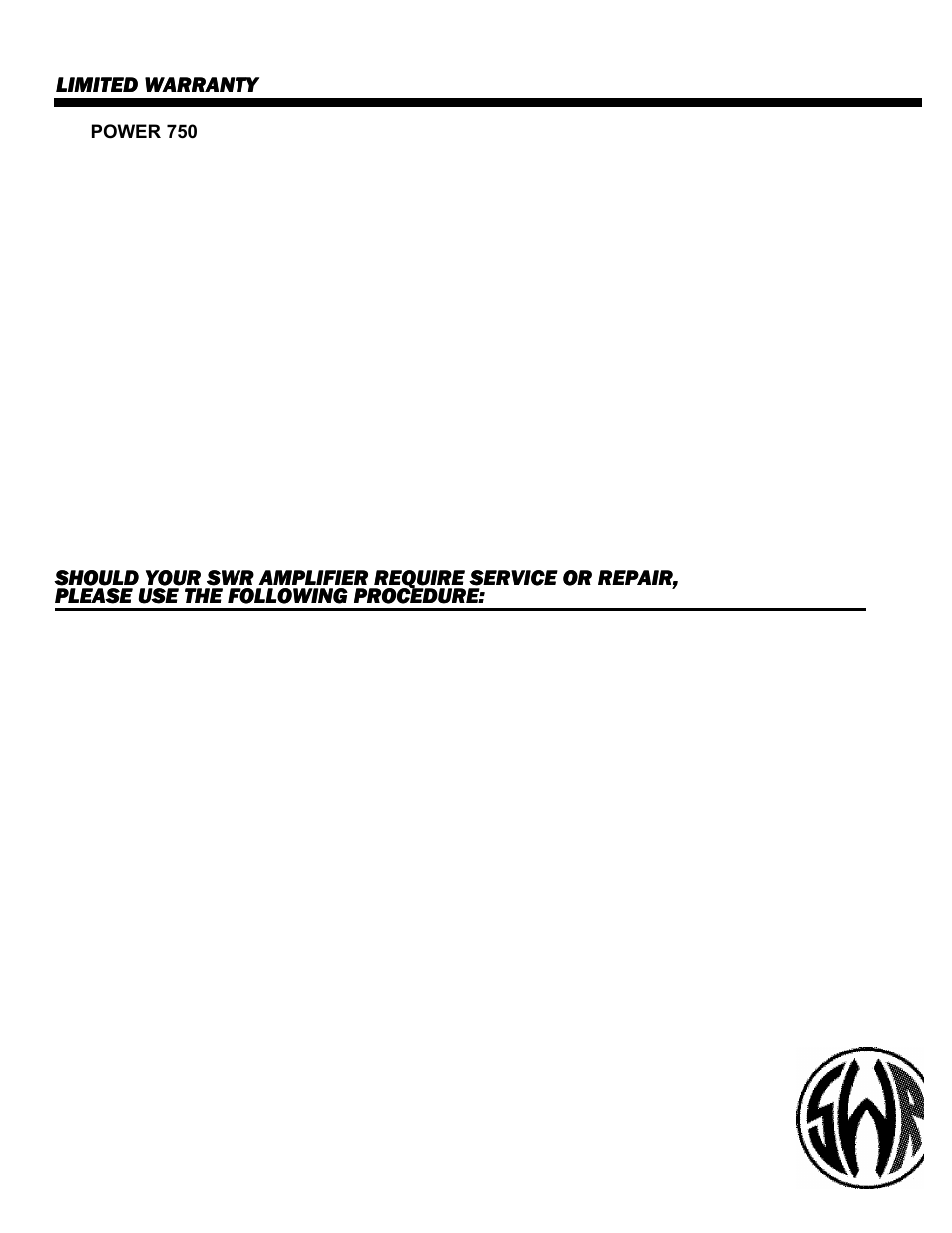 Limited warranty | SWR Sound Amplifier POWER 750 User Manual | Page 15 / 15