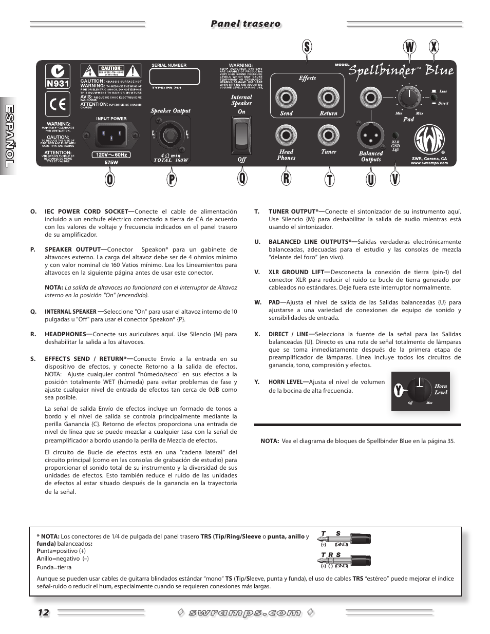 Panel trasero | SWR Sound Spellbinder Blue User Manual | Page 12 / 36