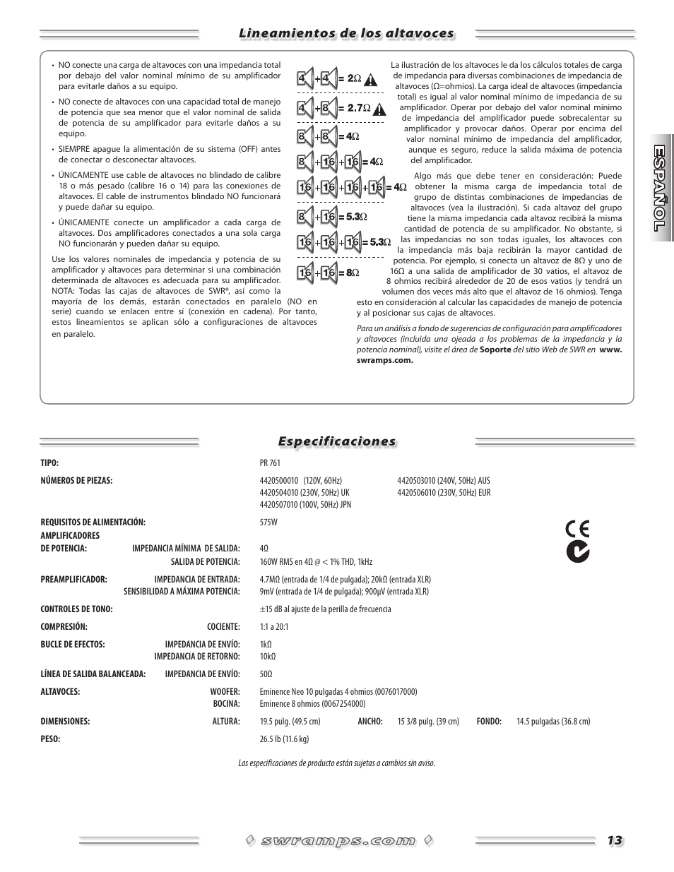 Lineamientos de los altavoces especificaciones | SWR Sound Spellbinder Blue User Manual | Page 13 / 36