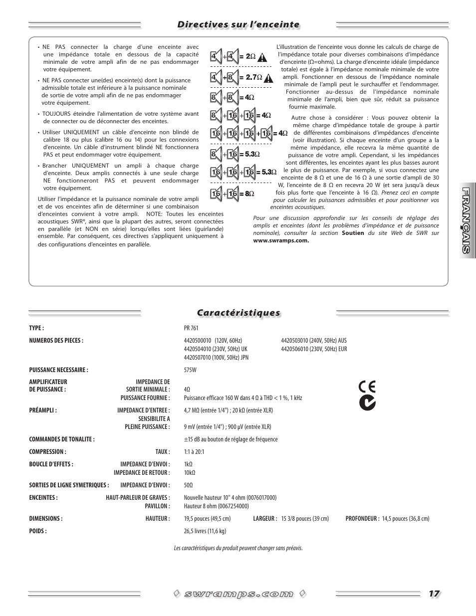 Directives sur l’enceinte caractéristiques | SWR Sound Spellbinder Blue User Manual | Page 17 / 36