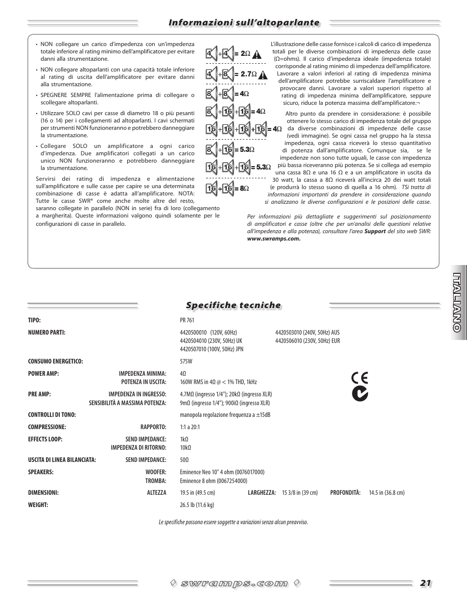 Informazioni sull’altoparlante specifiche tecniche | SWR Sound Spellbinder Blue User Manual | Page 21 / 36