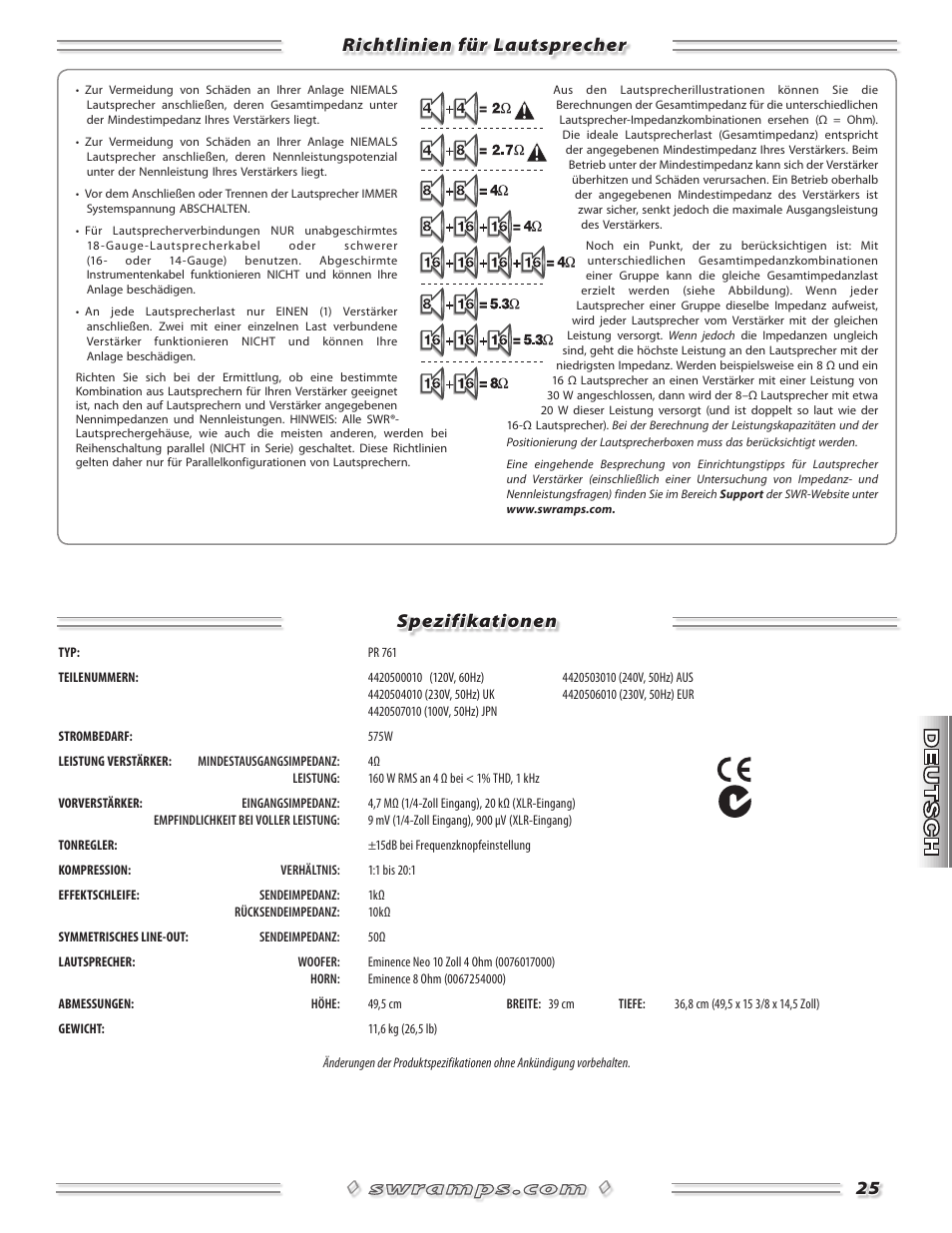 Richtlinien für lautsprecher spezifikationen | SWR Sound Spellbinder Blue User Manual | Page 25 / 36
