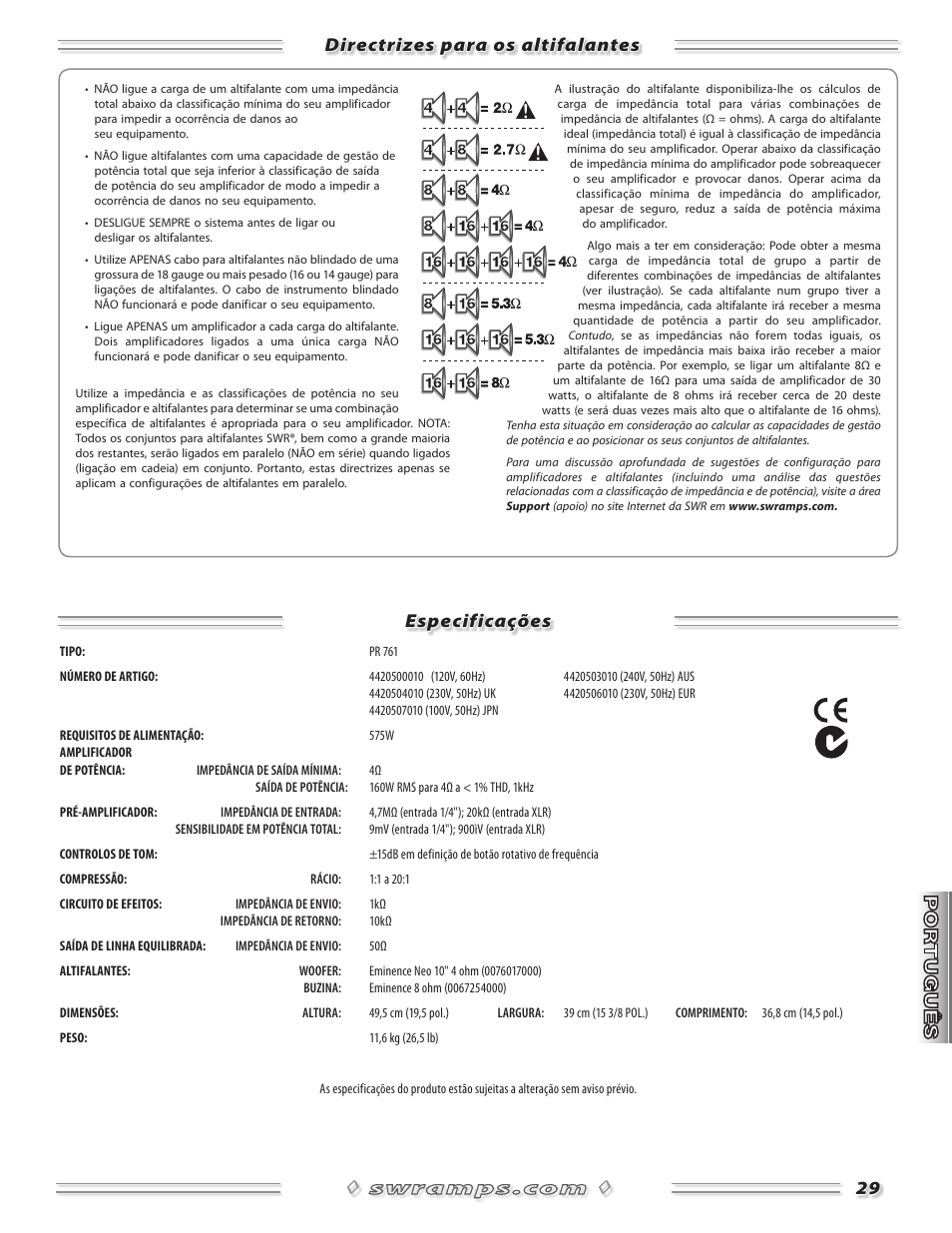 Directrizes para os altifalantes especificações | SWR Sound Spellbinder Blue User Manual | Page 29 / 36