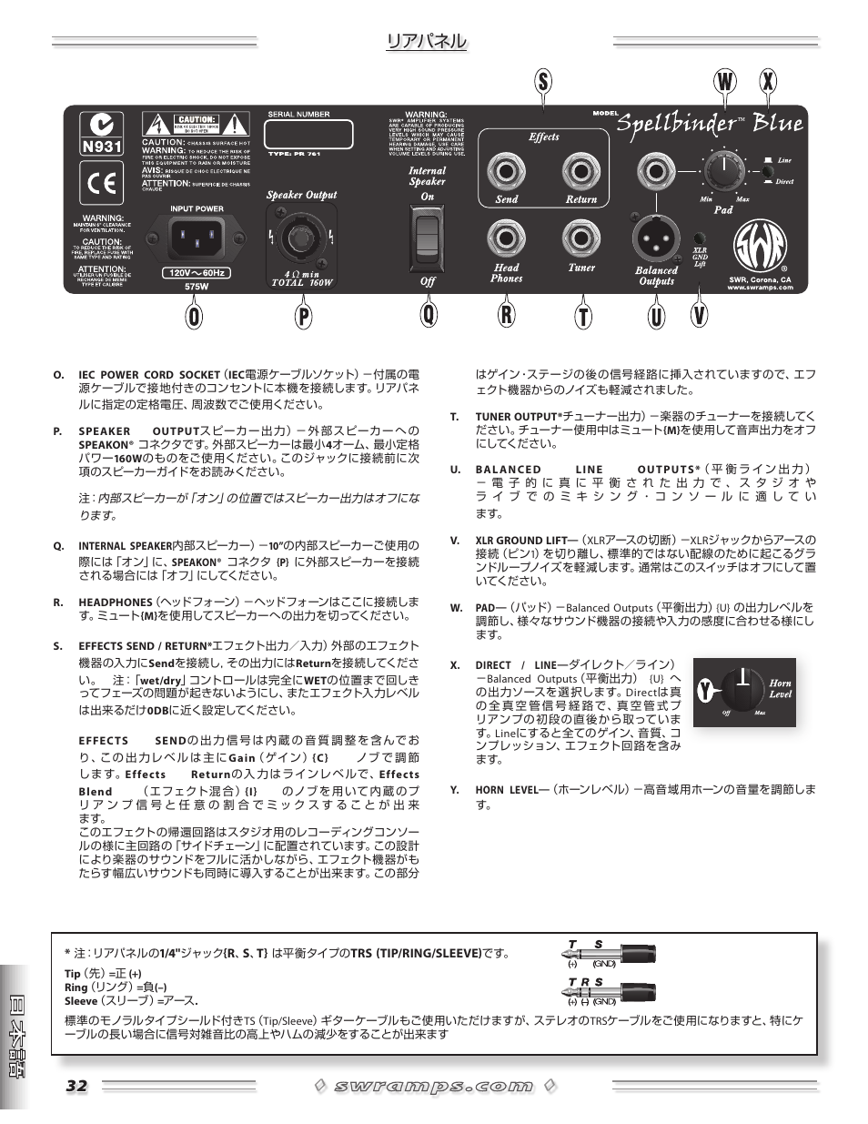 リアパネル | SWR Sound Spellbinder Blue User Manual | Page 32 / 36